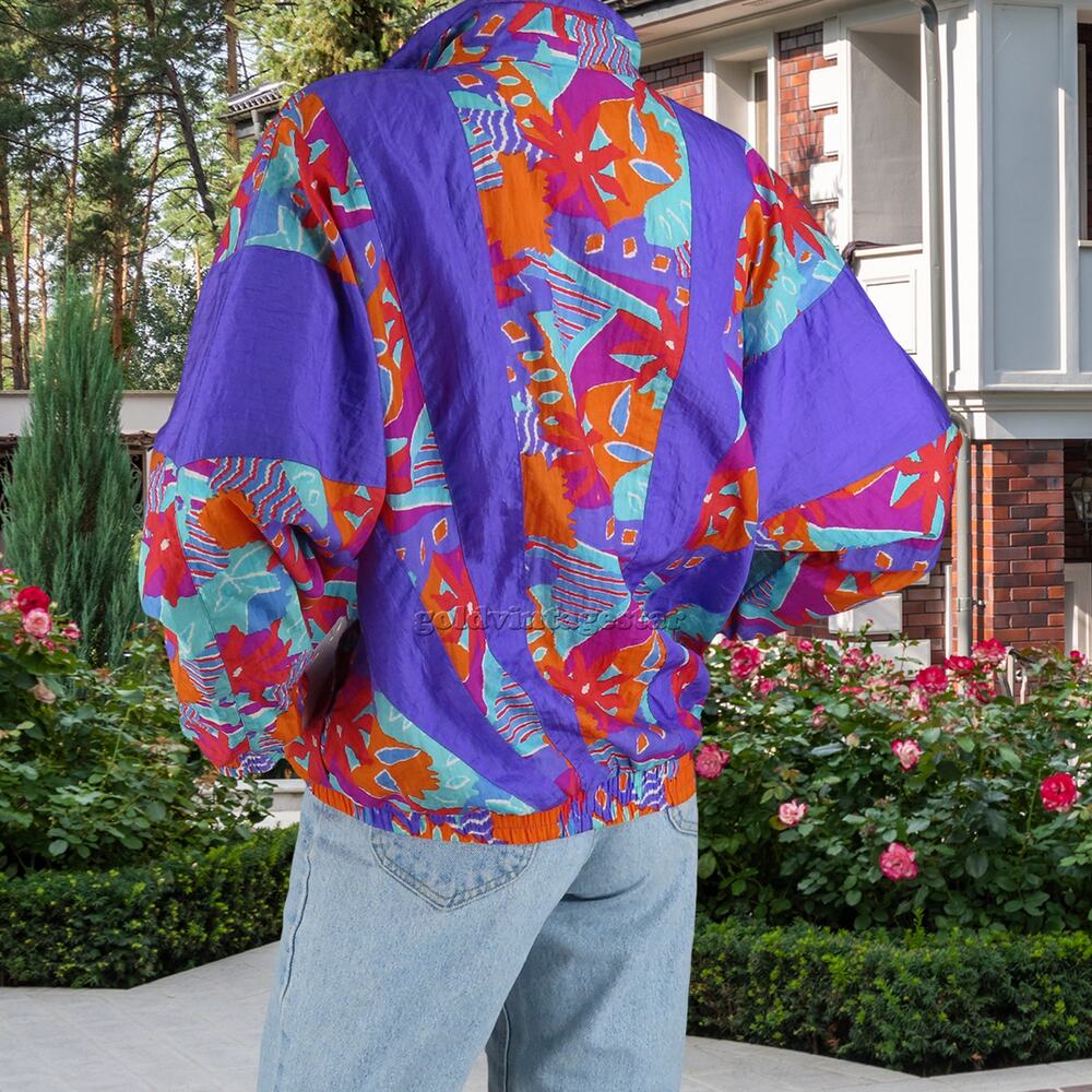 90s Neon Floral Windbreaker Tracksuit Jacket M